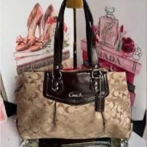 Coach❤️Ashley Beige and Dark Brown Signature Shoulder bag *Stock Photo First